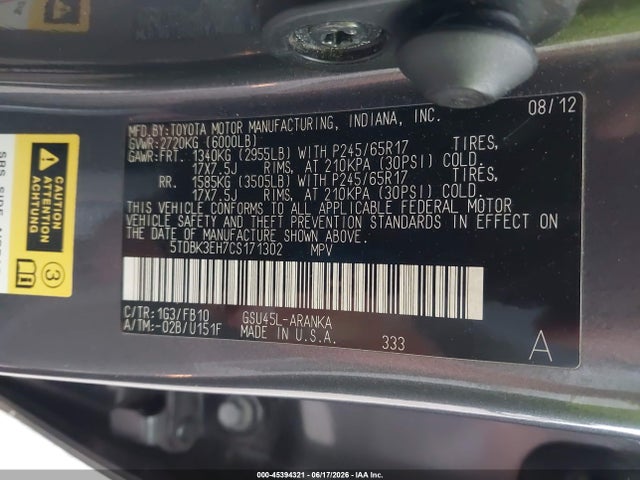 Aukcja sprzedaży 2012 Toyota Highlander Base V6, vin: 5TDBK3EH7CS171302, numer aukcji: 45394321
