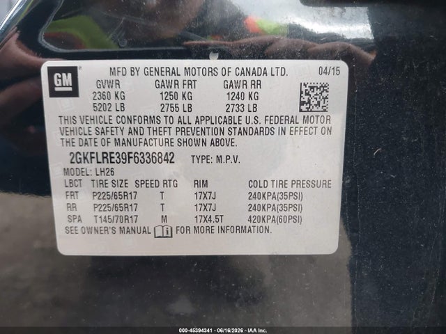 Aukcja sprzedaży 2015 Gmc Terrain Sle-2, vin: 2GKFLRE39F6336842, numer aukcji: 45394341