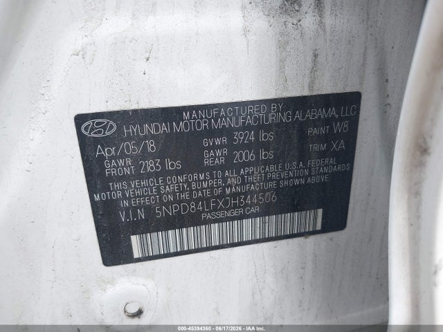 2018 Hyundai Elantra Value Edition მანქანა იყიდება აუქციონზე, vin: 5NPD84LFXJH344506, აუქციონის ნომერი: 45394360