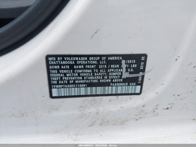 45394374 :رقم المزاد ، 1VWBP7A33DC113691 vin ، 2013 Volkswagen Passat 2.5l Se مزاد بيع
