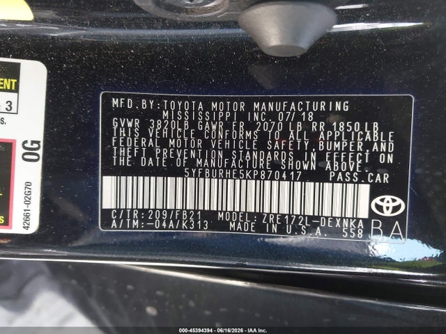Toyota COROLLA LE 2019 5YFBURHE5KP870417 Image 9