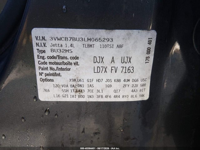 Aukcja sprzedaży 2020 Volkswagen Jetta 1.4t R-line/1.4t S/1.4t Se, vin: 3VWCB7BU3LM065293, numer aukcji: 45394401