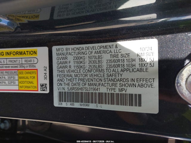 2025 Honda Cr-v Hybrid Sport-l მანქანა იყიდება აუქციონზე, vin: 5J6RS6H87SL019641, აუქციონის ნომერი: 45394418