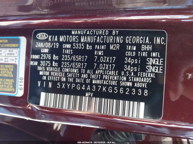 5XYPG4A37KG562338 KIA Sorento 2.4l Lx