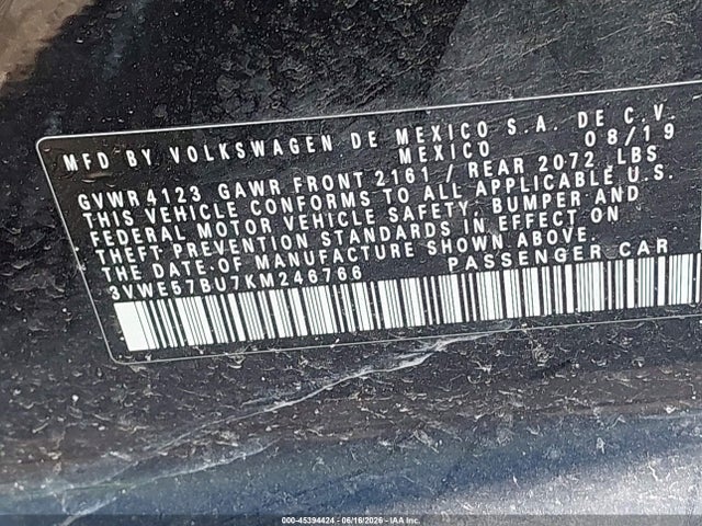Продаж на аукціоні авто 2019 Volkswagen Jetta 1.4t Sel, vin: 3VWE57BU7KM246766, номер лоту: 45394424