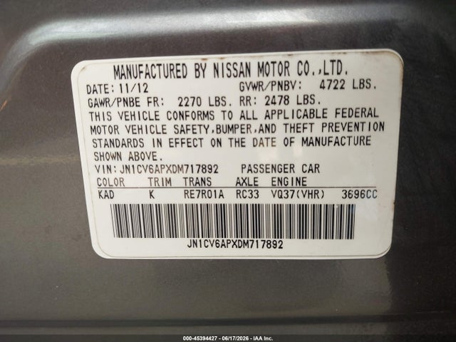 45394427 :رقم المزاد ، JN1CV6APXDM717892 vin ، 2013 Infiniti G37 Journey مزاد بيع