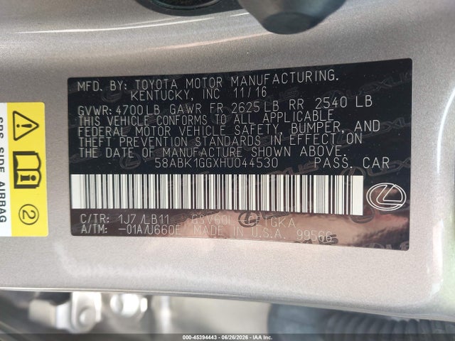 Aukcja sprzedaży 2017 Lexus Es 350, vin: 58ABK1GGXHU044530, numer aukcji: 45394443