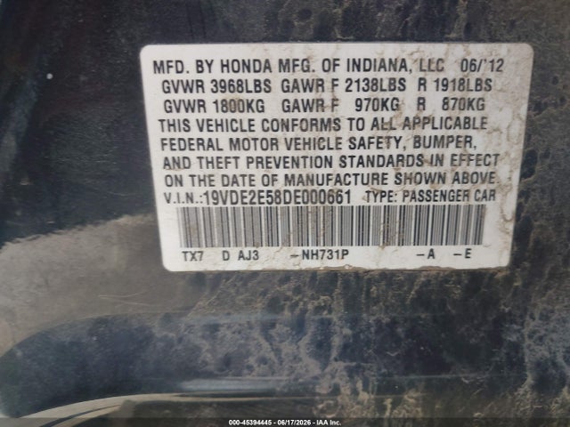 45394445 :رقم المزاد ، 19VDE2E58DE000661 vin ، 2013 Acura Ilx 2.4l مزاد بيع
