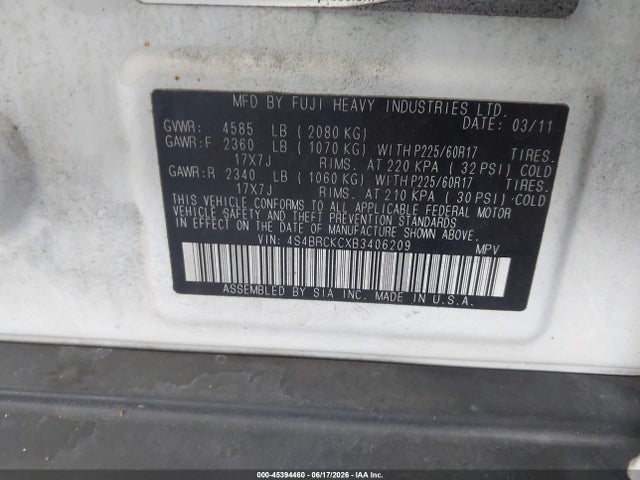 45394460 :رقم المزاد ، 4S4BRCKCXD3406209 vin ، 2013 Subaru Outback 2.5i Limited مزاد بيع