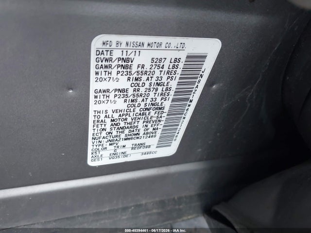 Aukcja sprzedaży 2012 Nissan Murano Le, vin: JN8AZ1MW6CW212468, numer aukcji: 45394461
