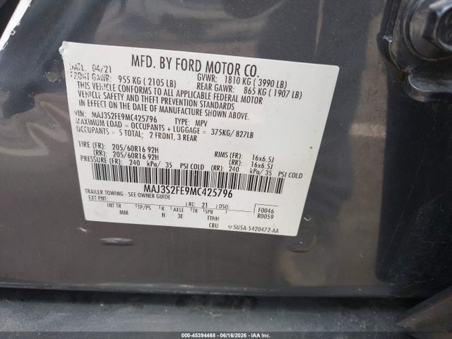 2021 Ford Ecosport S მანქანა იყიდება აუქციონზე, vin: MAJ3S2FE9MC425796, აუქციონის ნომერი: 45394468