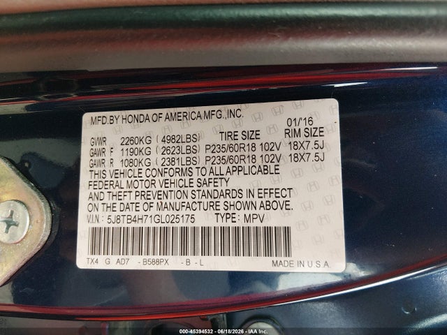 2016 Acura Rdx Advance Package მანქანა იყიდება აუქციონზე, vin: 5J8TB4H71GL025175, აუქციონის ნომერი: 45394532