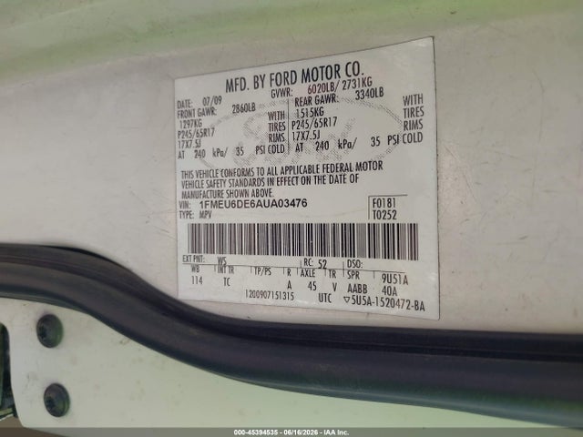 Aukcja sprzedaży 2010 Ford Explorer Xlt, vin: 1FMEU6DE6AUA03476, numer aukcji: 45394535