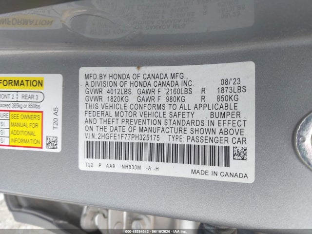 45394542 :رقم المزاد ، 2HGFE1F77PH325175 vin ، 2023 Honda Civic Ex/ex W/o Bsi مزاد بيع