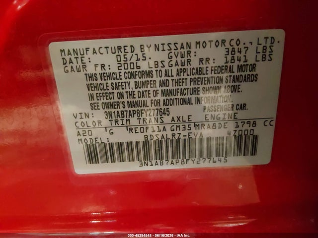 45394548 :رقم المزاد ، 3N1AB7AP8FY277645 vin ، 2015 Nissan Sentra Sr مزاد بيع