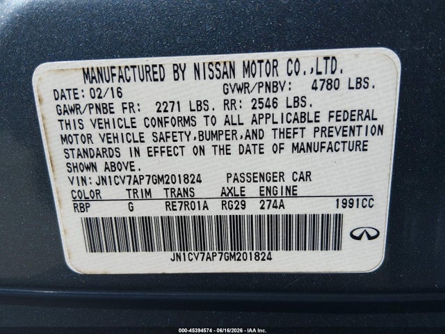 Продаж на аукціоні авто 2016 Infiniti Q50 2.0t Base/2.0t Premium, vin: JN1CV7AP7GM201824, номер лоту: 45394574