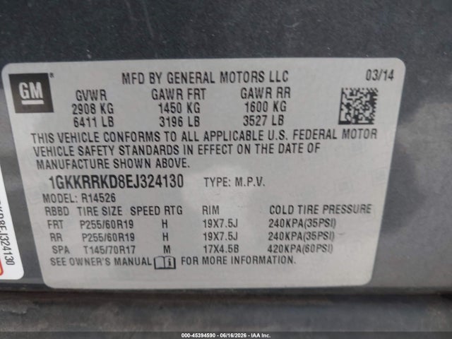 Aukcja sprzedaży 2014 Gmc Acadia Slt-1, vin: 1GKKRRKD8EJ324130, numer aukcji: 45394590