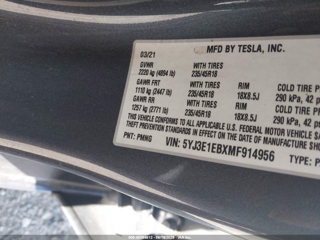 Tesla Model 3 Long Range 2021 5YJ3E1EBXMF914956 Image 9