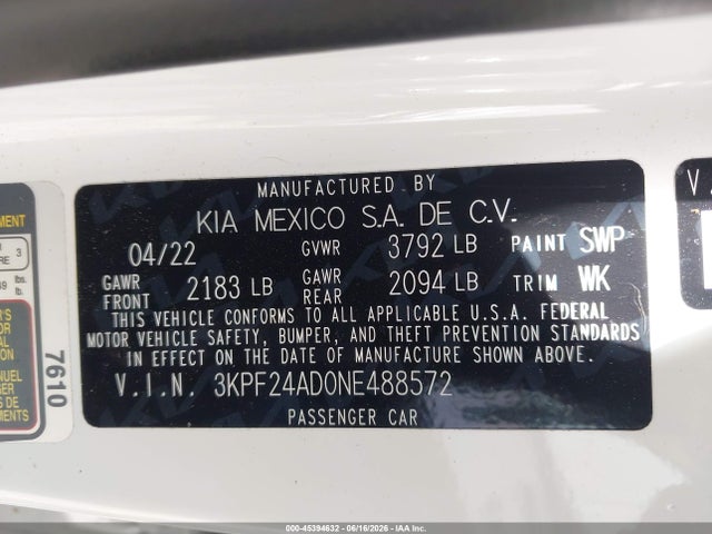 Продажа на аукционе авто 2022 Kia Forte Lxs, vin: 3KPF24AD0NE488572, номер лота: 45394632