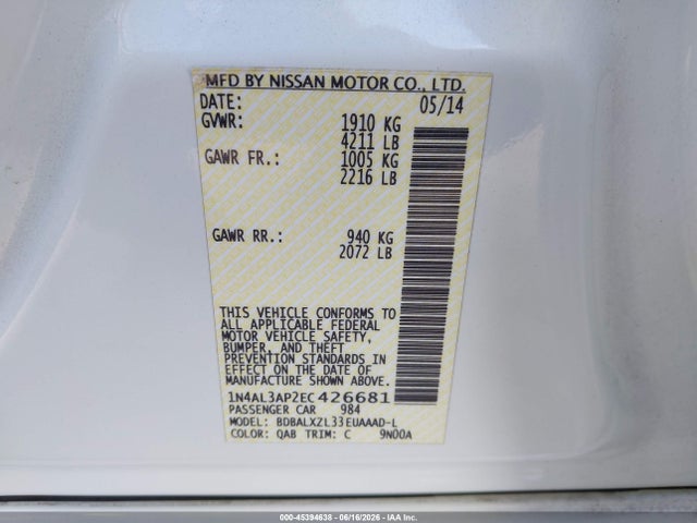 Nissan Altima 2.5 Sl 2014 1N4AL3AP2EC426681 Image 9