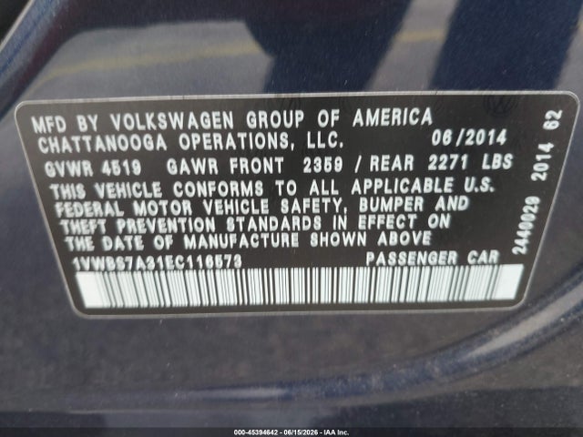 Aukcja sprzedaży 2014 Volkswagen Passat 1.8t Se, vin: 1VWBS7A31EC116573, numer aukcji: 45394642