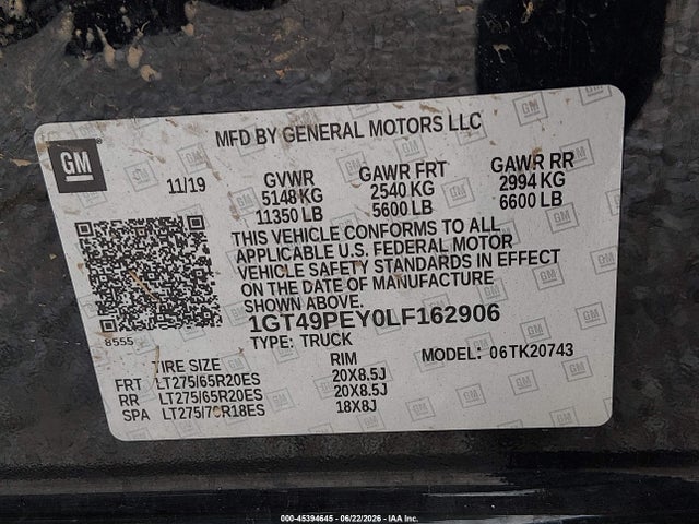 2020 Gmc Sierra 2500hd 4wd  Standard Bed At4 მანქანა იყიდება აუქციონზე, vin: 1GT49PEY0LF162906, აუქციონის ნომერი: 45394645