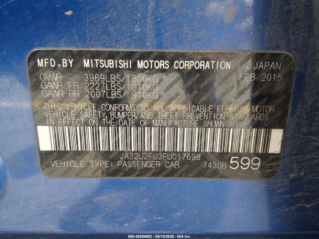 Продаж на аукціоні авто 2015 Mitsubishi Lancer Es, vin: JA32U2FU3FU017698, номер лоту: 45394663