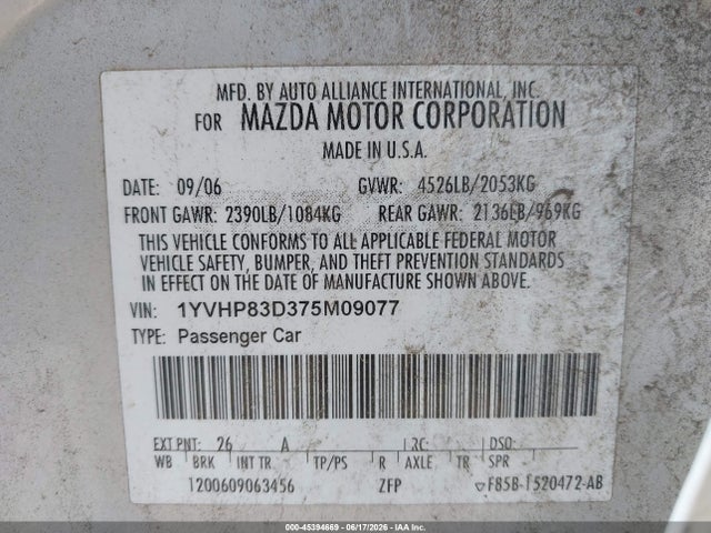 2007 Mazda Mazda6 S Grand Touring მანქანა იყიდება აუქციონზე, vin: 1YVHP83D375M09077, აუქციონის ნომერი: 45394669