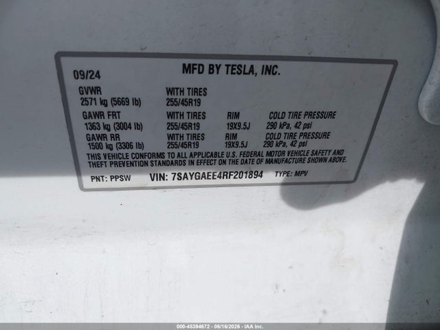 45394672 :رقم المزاد ، 7SAYGAEE4RF201894 vin ، 2024 Tesla Model Y Long Range Dual Motor All-wheel Drive مزاد بيع