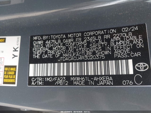 45394676 :رقم المزاد ، JTDACACU4R3020375 vin ، 2024 Toyota Prius Prime Se مزاد بيع
