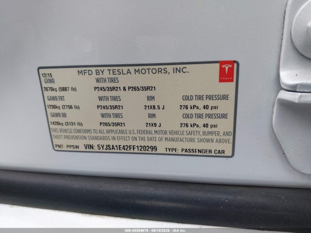 45394679 :رقم المزاد ، 5YJSA1E42FF120299 vin ، 2015 Tesla Model S 85d/p85d مزاد بيع