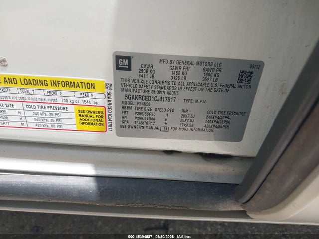 45394687 :رقم المزاد ، 5GAKRCED1CJ417817 vin ، 2012 Buick Enclave Leather مزاد بيع