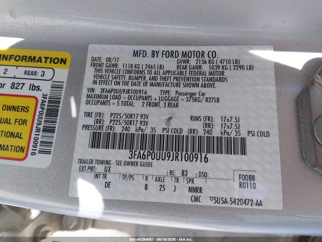 Ford Fusion Hybrid S 2018 3FA6P0UU9JR100916 Image 9