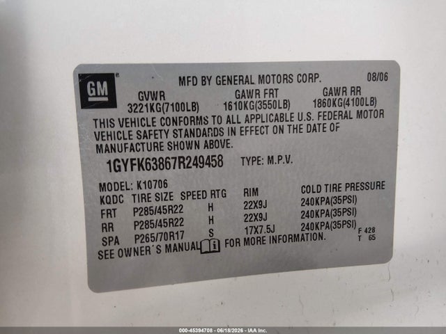 2007 Cadillac Escalade მანქანა იყიდება აუქციონზე, vin: 1GYFK63867R249458, აუქციონის ნომერი: 45394708