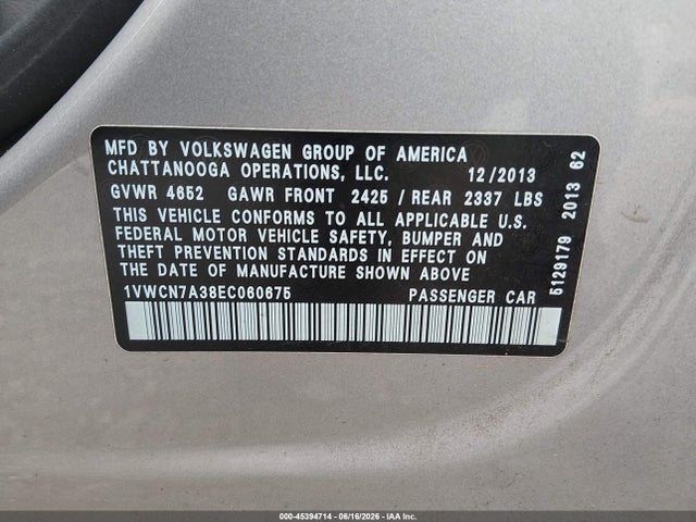 2014 Volkswagen Passat 2.0l Tdi Sel Premium მანქანა იყიდება აუქციონზე, vin: 1VWCN7A38EC060675, აუქციონის ნომერი: 45394714