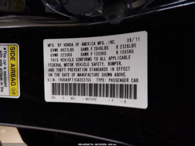45394719 :رقم المزاد ، 19UUA9F71CA003755 vin ، 2012 Acura Tl 3.7 مزاد بيع