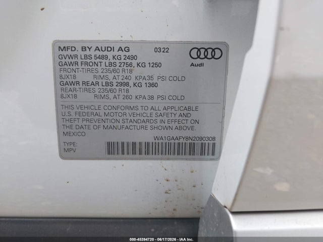 Продаж на аукціоні авто 2022 Audi Q5 Premium 45 Tfsi S Line Quattro S Tronic, vin: WA1GAAFY8N2090308, номер лоту: 45394720
