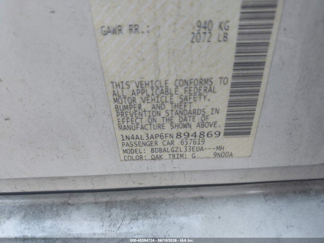 1N4AL3AP6FN894869 Nissan Altima 2.5 S