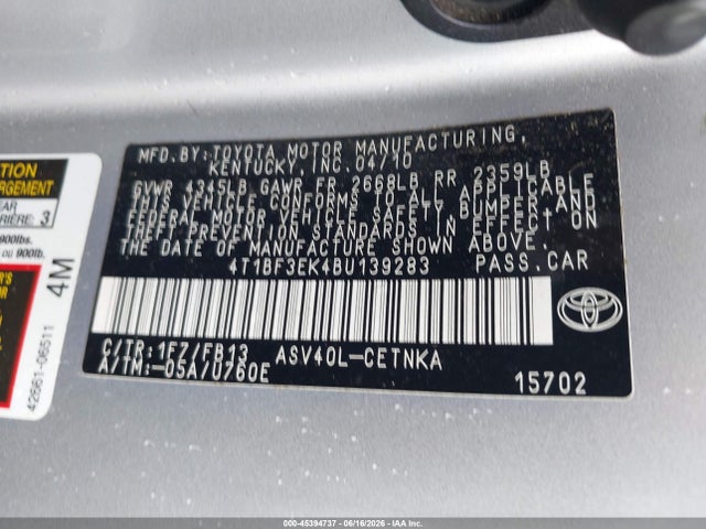 45394737 :رقم المزاد ، 4T1BF3EK4BU139283 vin ، 2011 Toyota Camry Le مزاد بيع