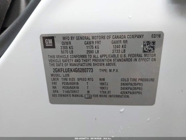 Aukcja sprzedaży 2016 Gmc Terrain Slt, vin: 2GKFLUEK4G6280773, numer aukcji: 45394774