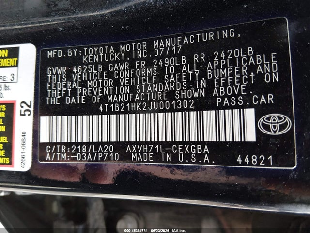 4T1B21HK2JU001302 Toyota Camry Hybrid Xle