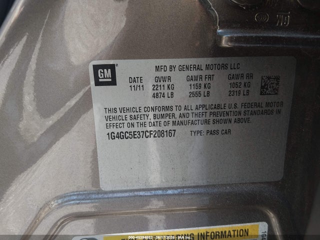 45394802 :رقم المزاد ، 1G4GC5E37CF208167 vin ، 2012 Buick Lacrosse Leather Group مزاد بيع