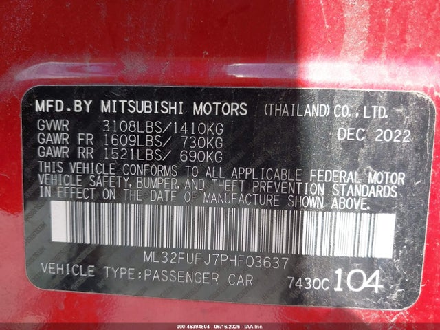 2023 Mitsubishi Mirage G4 Black Edition/es/le მანქანა იყიდება აუქციონზე, vin: ML32FUFJ7PHF03637, აუქციონის ნომერი: 45394804