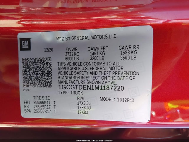 45394805 :رقم المزاد ، 1GCGTDEN1M1187220 vin ، 2021 Chevrolet Colorado 4wd  Short Box Z71 مزاد بيع