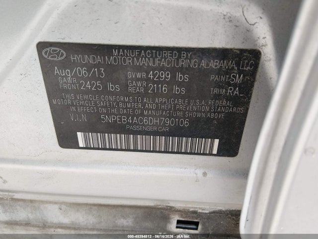 Aukcja sprzedaży 2013 Hyundai Sonata Gls, vin: 5NPEB4AC6DH790106, numer aukcji: 45394812