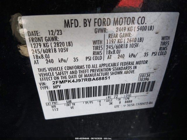 45394846 :رقم المزاد ، 2FMPK4J97RBA68851 vin ، 2024 Ford Edge Sel مزاد بيع