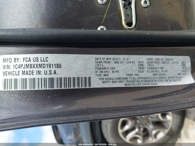 2021 Jeep Cherokee Trailhawk 4x4 მანქანა იყიდება აუქციონზე, vin: 1C4PJMBXXMD191180, აუქციონის ნომერი: 45394852