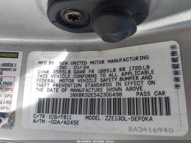 2004 Toyota Corolla Ce მანქანა იყიდება აუქციონზე, vin: 1NXBR32E54Z306498, აუქციონის ნომერი: 45394876