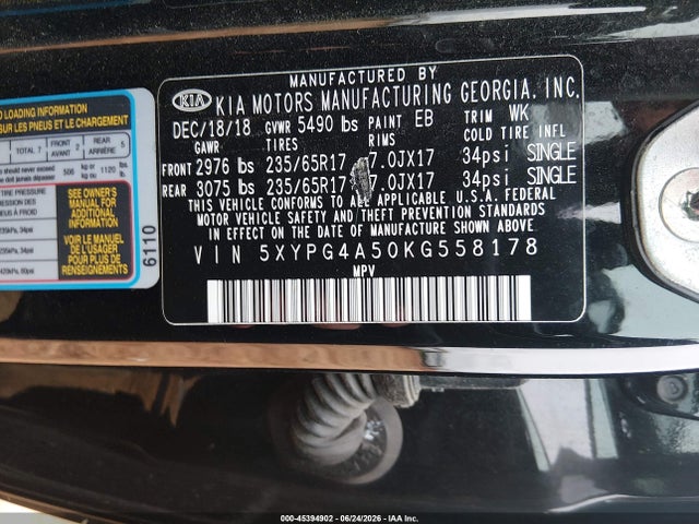 Aukcja sprzedaży 2019 Kia Sorento 3.3l Lx, vin: 5XYPG4A50KG558178, numer aukcji: 45394902