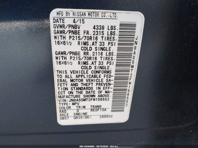 Продаж на аукціоні авто 2015 Nissan Rogue Select S, vin: JN8AS5MT2FW156552, номер лоту: 45394905